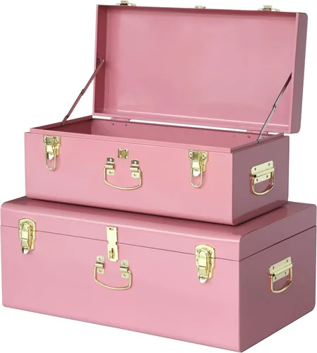 Miniatura 19 de Vixdonos Conjunto de 2 baúles de almacenamiento decorativos de metal – baúl para dormitorio universitario con asa (rosa)
