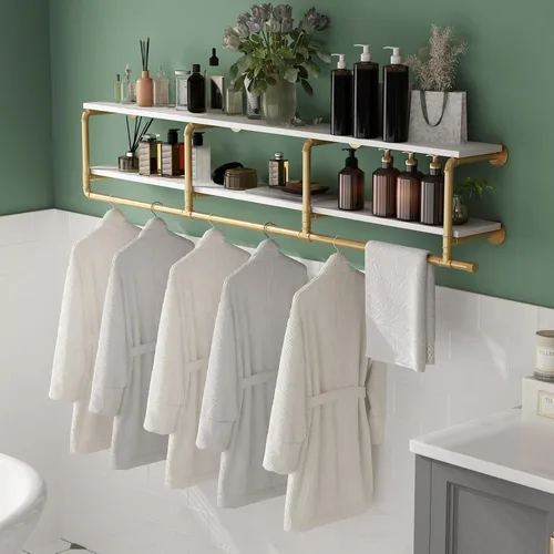 Miniatura 7 de ORSENIGO - Perchero Industrial de Tubo con Estantes, Perchero de Ropa Dorado Montado en Pared para Hogar y Venta Minorista