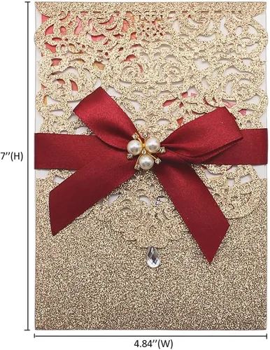 Miniatura 2 de AdasBridal 25 invitaciones de corte láser con purpurina dorada con tarjetas y sobres, diseño de diamante y cinta de lujo con inserto de papel perla