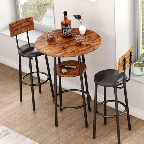 Juego de mesa de comedor de 3 piezas para 2, pequeña mesa de cocina redonda con 2 sillas, mesa de bar de altura de mostrador con almacenamiento,