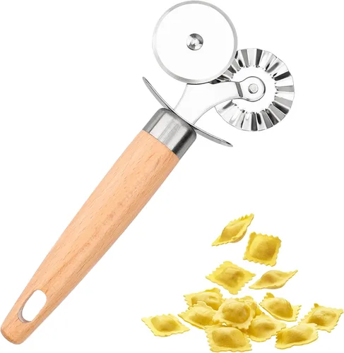 Cortador de repostería de doble rueda, exquisito mango de madera, perfecto para pasta, pizza, ravioles, galletas, mejora tu arte culinario