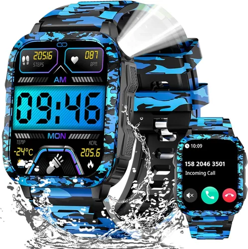 Relojes Inteligentes Militares para Hombres (Hacer/Contestar Llamadas) con Linterna LED Pantalla de 1.96" 430mAh Rastreador de Fitness con Modos