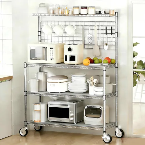 Leteuke Estante para panaderos con almacenamiento y ruedas, estante de cocina de 42 pulgadas para microondas, estante de almacenamiento resistente