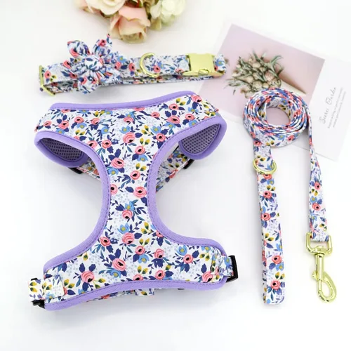Miniatura 5 de Beirui Collares, arneses y correas para perritas lindas - Juego de collar y correa ajustable para perros con flor - Chaleco arnés de malla suave Azul