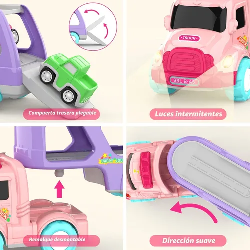 Miniatura 4 de LASCOTON - Juguetes para niñas de 1, 2 y 3 años, camión transportador 5 en 1 para niñas pequeñas, autos de juguete alimentados por fricción