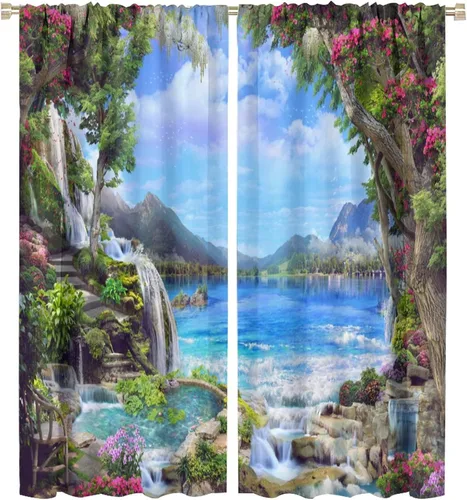 Miniatura 53 de Cortina opaca de bosque de verano, diseño de ramas de bosque, con bolsillo para barra, cortinas farbic con bolsillo para barra, comedor, cafetería