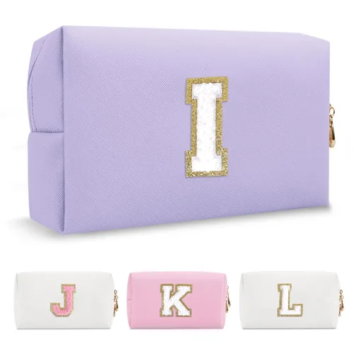 Miniatura 111 de Pequeña bolsa de maquillaje personalizada con inicial A-Z Preppy Patch, bolsa de cosméticos de viaje de felpilla blanca con cremallera, bonita bolsa