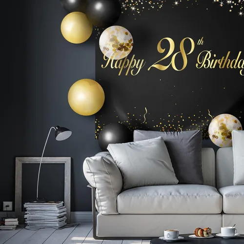 Miniatura 7 de Globos de Feliz 28º Cumpleaños Conjunto Negro Decoración - Brindis por los 28 Años Guirnalda Temática de Fiesta Banner Telón de Fondo Decoraciones