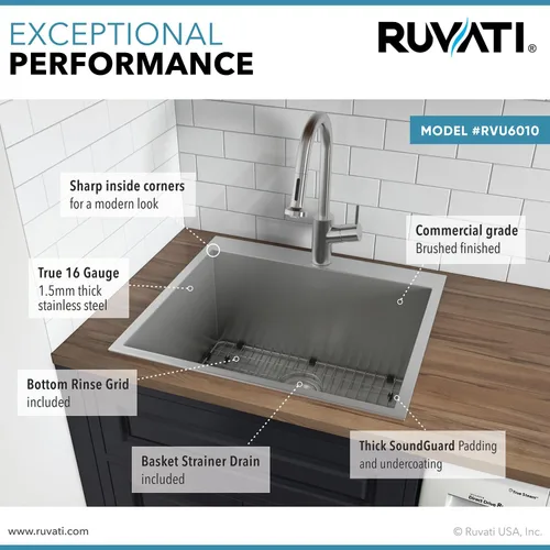 Miniatura 7 de Ruvati RVU6010 - Fregadero de lavandería de 25 x 22 x 12 pulgadas, fregadero de acero inoxidable de calibre 16 profundo, fregadero de lavandería