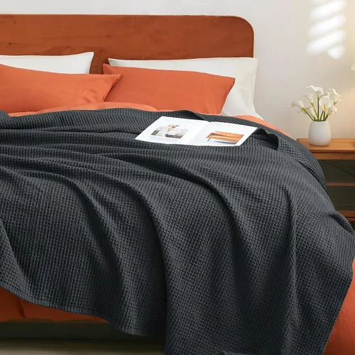 Miniatura 7 de PHF Manta de Tiro de Tejido Gofre 100% Algodón 50" x 60" - Ligera Lavada Suave Transpirable para Adultos y Niños - Capa Perfecta para Sofá Cama Negro