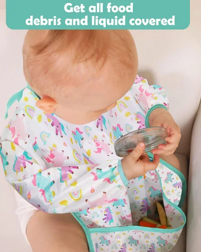 Miniatura 7 de Lictin Paquete de 3 Baberos para Bebé, Babero de Manga Larga Lindo, Baberos Impermeables para Niños Pequeños, Babero Ajustable con Cierre para Bebé