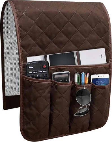 Organizador de reposabrazos para sofá antideslizante, organizador de almacenamiento para sillón y junto a la cama para sofá reclinable con 5 Marrón