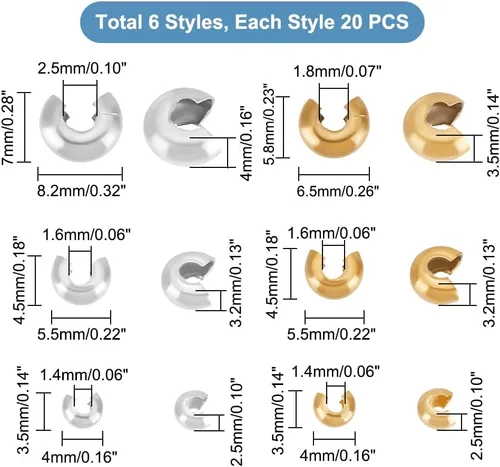 Miniatura 4 de UNICRAFTALE Alrededor de 200 piezas de cuentas de crimpado de 0.228 in, cuentas de engarce abiertas de acero inoxidable para hacer pulseras y joyas