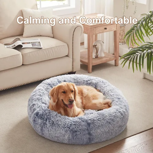 Miniatura 2 de Cama redonda con forma de dona de 36 pulgadas para perros grandes, cama redonda calmante y esponjosa para mascotas con funda extraíble y lavable, se