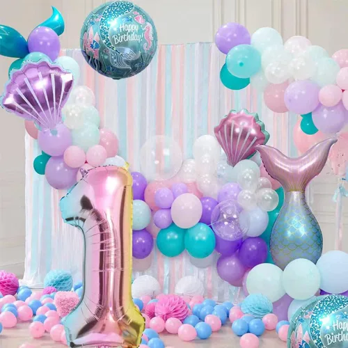 Miniatura 5 de Kit de decoración de cumpleaños de sirena sdquskin: 6 globos verdes de sirena (número 1) para niñas