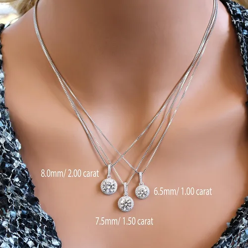 Miniatura 5 de Collar solitario redondo de diamantes de imitación, doble halo de 1 a 3 quilates, plata de ley