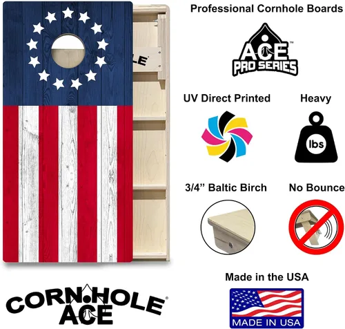 Miniatura 2 de CornholeAce ACE PRO - Juego de tablas para cornhole con bandera americana, sin rebote, patas anchas triples, madera contrachapada de abedul báltico
