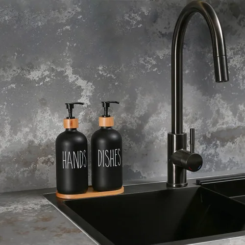 Miniatura 3 de MOMEEMO Juego de dispensador de jabón negro, contiene dispensador de jabón para manos y platos, adecuado para decoración de cocina (negro)