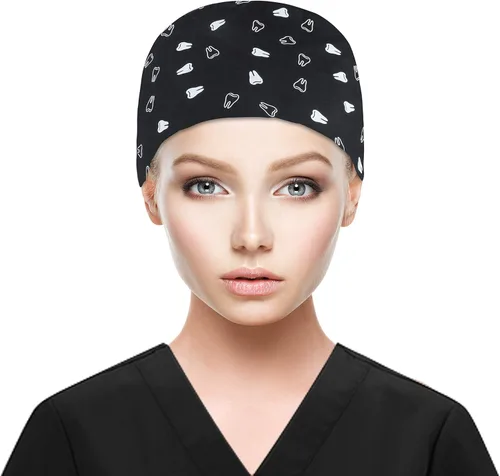 Miniatura 2 de QBA Gorra de trabajo ajustable con botón, gorro forrado de satén, gorro de trabajo de algodón, banda elástica para atar en la espalda, unisex Pt
