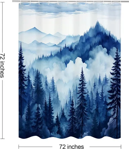 Miniatura 6 de Litabel - Cortina de ducha negra pequeña de 36 x 72 pulgadas, diseño de bosque de pino neblinoso, cortinas de ducha estrechas de medio