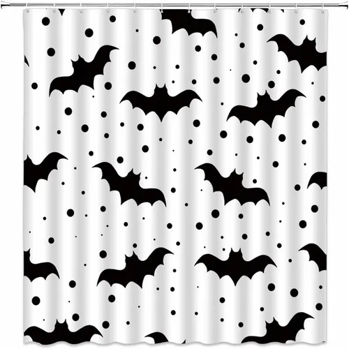 AMFD Cortina de ducha espeluznante para Halloween, diseño de murciélagos blancos y negros, diseño de lunares, para niños, a la moda, para el hogar,
