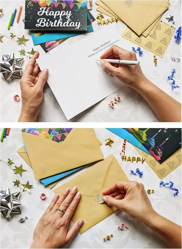 Miniatura 5 de Tarjetas de feliz cumpleaños con sobres y calcomanías, 20 diseños únicos, notas de felicitación de 4 x 6 pulgadas cuando están plegadas, cartulina