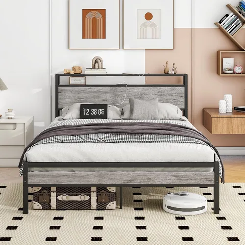 Miniatura 16 de BOFENG Base de cama Queen con cabecera de almacenamiento, marco de cama de plataforma de metal tamaño Queen con luces LED, estación de carga,