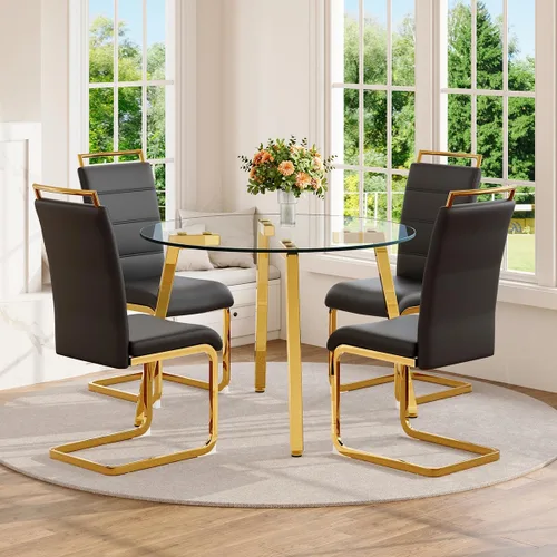 Miniatura 35 de Juego de mesa de comedor de cristal para 4, mesa rectangular con 4 sillas de cocina de cuero gris, juego de comedor de cocina de 51 pulgadas, mesa 4