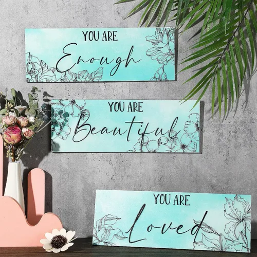 Miniatura 4 de Yookeer 3 Piezas de Arte de Pared Colgante de Madera Floral con Citas Inspiradoras "Eres Hermosa" Imagen para Habitación Decoración Gracias