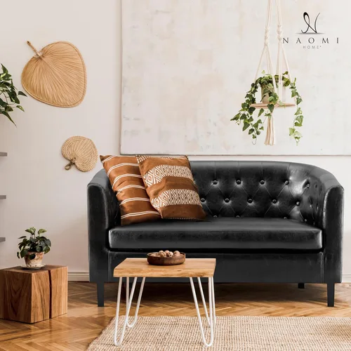 Naomi Home Emma - Sofá biplaza moderno, sofá biplaza de piel sintética con cojines de felpa, marco de madera maciza, diseño capitonado, tapicería a
