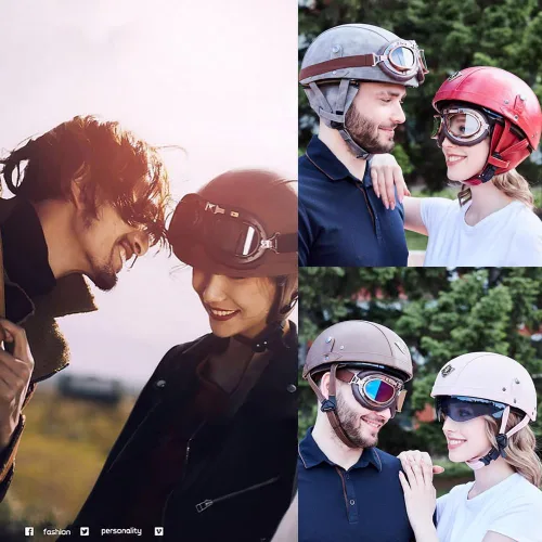 Miniatura 5 de Casco de motocicleta de cuero vintage alemán, medio casco para adultos con certificación DOT, para hombres y mujeres, con gafas y visera, para Azul