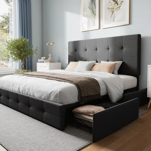 Miniatura 13 de WEEWAY Base de cama de plataforma tamaño Queen con 4 cajones de almacenamiento, cabecera capitonada con botones de puntada cuadrada, base de colchón