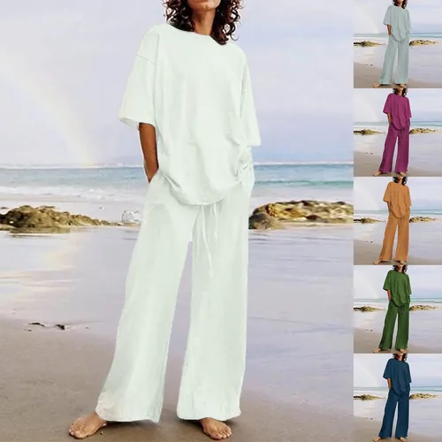 Miniatura 5 de Conjuntos de verano de 2 piezas para mujer, conjuntos elegantes y casuales de color liso, para verano, otoño, cuello redondo, tops y pantalones