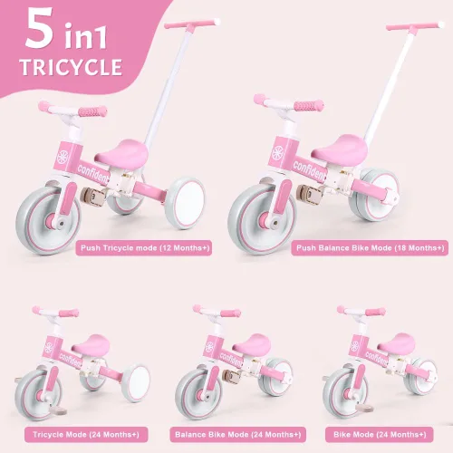 Miniatura 2 de XIAPIA Triciclo para niños pequeños de 1 a 3 años, bicicleta de equilibrio 5 en 1 con pedal extraíble, juguetes de triciclo de empuje con varilla
