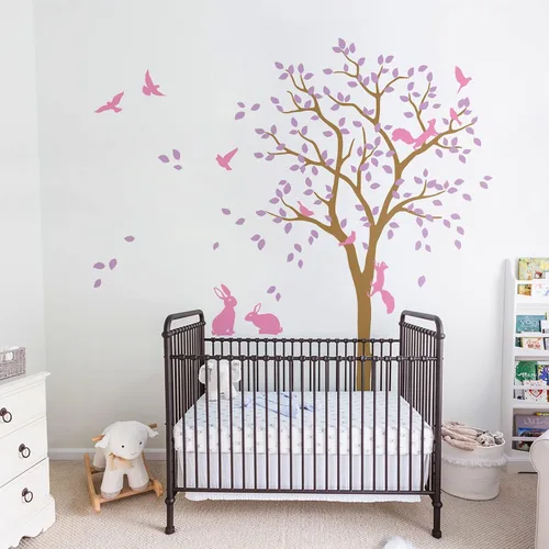 Miniatura 5 de Adhesivo decorativo de pared de árbol grande con pájaros, ardillas y conejos, conejos, decoración de guardería 095 (todo blanco)