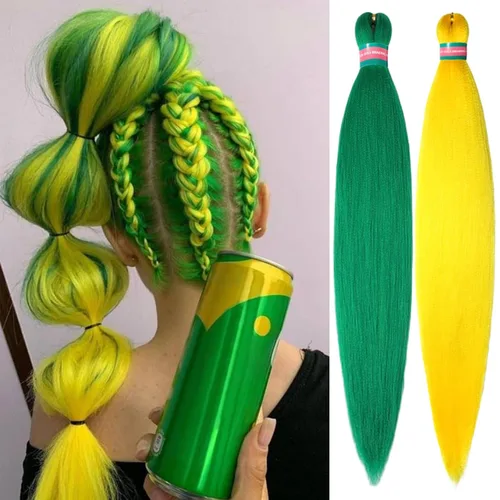 Miniatura 58 de Extensiones de cabello para trenzar verde+verde claro, preestiradas, 2 paquetes, con cabello plumoso pre-trenzado, extensiones de cabello