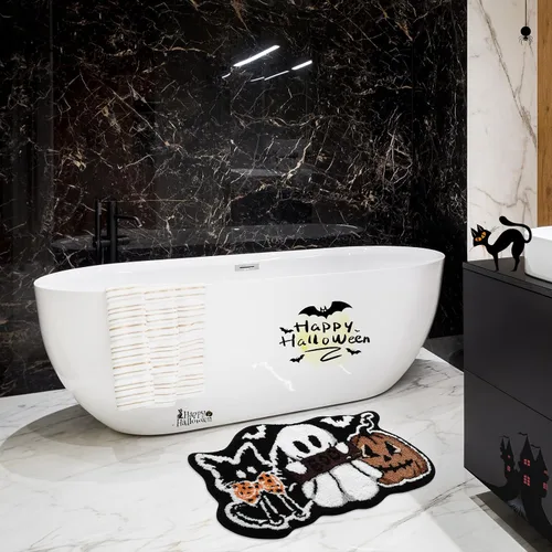 Miniatura 6 de Tapete de baño de gato negro, fantasma, calabaza, 21 x 32 pulgadas, suave y absorbente, tapete de baño de Halloween, antideslizante, lavable