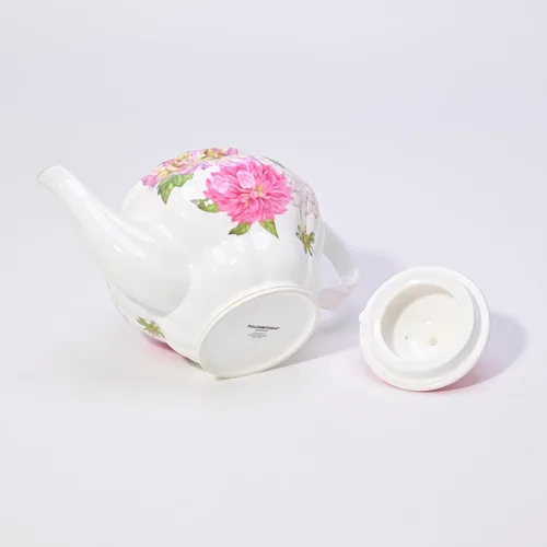 Miniatura 7 de Tetera de porcelana de hueso, teaset inglés, diseño floral de dalia con borde dorado, 37 onzas
