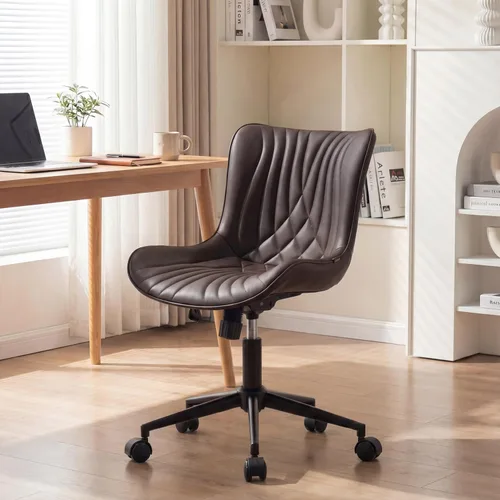Miniatura 8 de YOUNIKE Silla de oficina marrón, silla de escritorio sin brazos con ruedas, sillas de tareas de oficina en casa, moderna silla mecedora giratoria