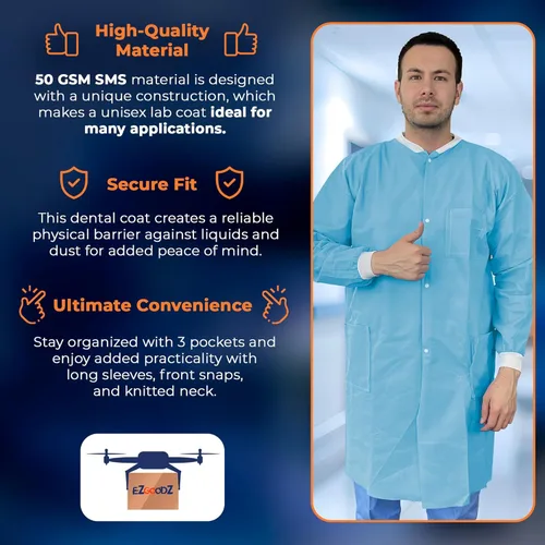 Miniatura 3 de EZGOODZ Abrigo de laboratorio desechable de 44 pulgadas de largo, grande. Paquete de 50 abrigos de laboratorio desechables SMS azul médico