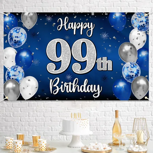 Miniatura 95 de Decoración de feliz cumpleaños 35, globo azul y plateado de 35 años, cartel grande de telón de fondo de cumpleaños, suministros para fiesta de 35th