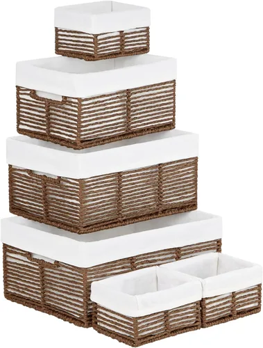 Miniatura 11 de Vagusicc Cesta de almacenamiento de mimbre, cesta de cuerda de papel tejida a mano, cesta rectangular pequeña para organizar, contenedor de Beige