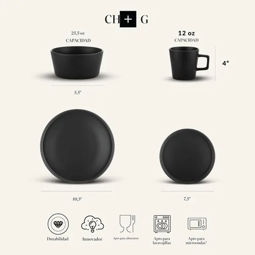 Miniatura 2 de Stone Lain Celina - Juego de vajilla de gres de 32 piezas, platos y tazones, colección de platos negro mate, servicio para 8, estilo minimalista