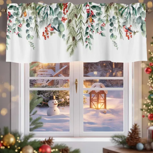 Miniatura 29 de Cenefa de amarre cardenal de Navidad, cenefa de cocina ajustable con hojas de eucalipto verde baya, cenefas blancas con bolsillo para barra