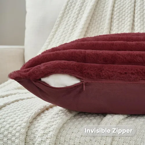 Miniatura 3 de FUTEI - Juego de 2 fundas de almohada decorativas con rayas, cuadradas, para invierno, piel sintética de conejo suave y respaldo de terciopelo, 20 x