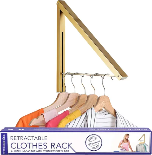 Miniatura 9 de Perchero plegable individual, colgador de ropa retráctil montado en la pared para cuarto de secadora de lavandería, barra de secado colgante, Blanco