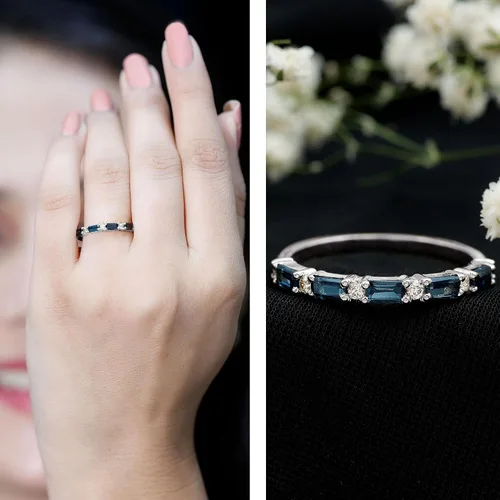 Miniatura 2 de Natural London Blue Topaz Diamond Half Eternity Anillo de calidad AAA, anillo apilable de topacio certificado – con joyero