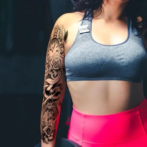 Miniatura 3 de Kotbs 6 hojas de mangas temporales de tatuaje de flores grandes para mujer, diseño realista de reloj y rosa, tatuajes de manga falsa para cosplay
