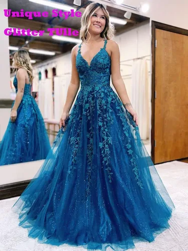 Miniatura 2 de Vestidos de graduación de tul con purpurina para mujer, cuello en V, apliques de encaje, vestidos largos de baile, tirantes delgados, vestido