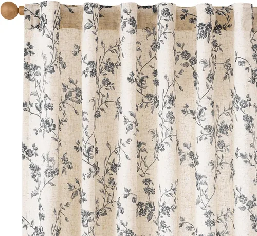 Miniatura 10 de Lazzzy - Cortinas de lino floral gris pardo de 84 pulgadas, cortinas de estilo granja con solapa trasera para sala de estar y dormitorio, cortinas